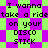 Pixelated text reads "I wanna take a ride on your DISCO STICK" over a repeating pattern of purple and green shapes.
