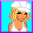 Pixel art contact sheet showing four frames of a female character in white attire with blonde hair, holding a purse and wearing a headpiece against cyan background.