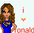 Pixel art of a woman with long brown hair wearing a blue top with yellow symbol, standing beside red text and orange symbols on white background.