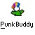 Pixelated static buddy icon featuring a cartoon character with rainbow-colored hair and green shirt above the text "PunkBuddy" on gray background.