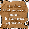 A six- shows a character with long brown hair, red earring, and tricorn hat holding a finger to lips; text read "Dear Santa Thank you for my present. It is very much appreciated..." and "However, I don't think I'll be a very good girl this year...."