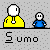 Animated contact sheet of 25 frames showing a yellow and blue stick-figure character performing various actions across multiple rows on a gray background with "Sumo" text labels below each frame.