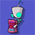 Pixelated static icon of a stylized character with glowing cyan eyes and red lower body against blue background.