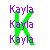 Pixelated graphic with three instances of the name 'Kayla' in purple text overlaid on a large green letter K against white background.