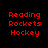 Red pixelated text reading Reading Rockets Hockey arranged in three on a black background with white rectangular overlays shifting across the text