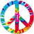 A colorful peace symbol with rainbow stripes, a pink vertical bar over the center, and blue text reading 'LUV' inside a black arrow pointing left toward a large black number 3.