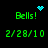 Green pixelated text 'Bells!' with '2/28/10' below, accompanied by blue pixelated heart and starburst icons on black background.