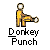 Pixel art of a yellow-clad figure performing a donkey punch pose with white text below, on gray background.