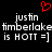 Red pixelated heart above white text reading 'justin timberlake is HOTT =]' on black background.