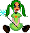 Pixel art of a green-haired character in a green dress with an orange star, holding a wand that emits a cyan spark on the left side.