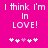Pink background with white pixelated text "I think I'm in LOVE!" and five small heart symbols below, where the third heart is pink.