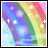 Rainbow stripes with white plus signs and circular light effects on a pixelated background.