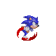 Pixelated blue hedgehog with red shoes and white gloves running in a circular motion against gray background.