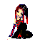 Pixelated character with red and black hair, black dress with red accents, kneeling pose on gray background.