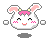 Pixelated bunny icon with pink ears and bow, winking eyes, and blush marks on cheeks; mouth alternates between smiling and neutral expressions.