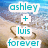 Pixelated beach scene with turquoise text reading 'ashley + luis forever' over sand and water background.