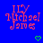 Pixelated red text 'ILY Michael James' on blue background with green heart symbols, two identical frames side-by-side.