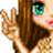 Pixelated anime-style character with brown hair and green eyes making a peace sign, set against red background with "Peace" text in three locations.