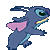 Pixelated blue alien with pink ears and antennae in three poses: left-facing, right-facing, and front-facing.
