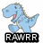 Blue dinosaur with red mouth and brown spines in walking pose, accompanied by text blocks reading RAWRR, means..., I LOVE YOU!, in, Dinosaur.