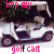 Animated sequence showing a white golf cart with two seats, visible text 'golf cart' and 'pimp my', changing letterforms in pink and black.