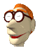 Pixelated cartoon head with orange hair, brown glasses, red mouth, and light skin showing two eye expressions against gray background.