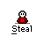 Pixelated character with white face and red torso appears in multiple states: static, with speech bubbles, or paired with a green figure. Text below reads "Steal".