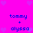 Bright pink background with purple heart shapes and blue text reading "tommy + alyssa" in two identical vertical arrangements.