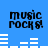 Blue background with black text 'music rock 8!' and white horizontal bars changing position