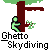 Green stick figure climbs brown tree with green leaves, then runs along branch and falls off as text "Ghetto Skydiving" appears below.