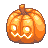 Nine pixel-art pumpkins with orange bodies, brown stems, and white carved eyes and mouths arranged in a on gray background