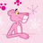 Pixelated pink cartoon panther sits with legs crossed, holding a wand emitting sparkles against a light pink background with floating flower shapes.