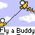 A pixelated animation of a yellow cartoon character flying a kite with white clouds on a light blue background, repeated in a pattern