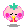 Pixel art contact sheet of four animated frames showing a pink fruit character with green leaves, yellow bow, and red gift box in various poses and expressions.