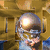 Animated icon of a character with metallic helmet and blue clothing against golden background, showing subtle head movement.