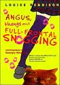 Yellow book cover featuring a person's leg in purple tights and gray shoes stepping on an orange cat, with bold red text reading "ANGUS, HUANGS AND FULL-FRONTAL SNOGGING" and author name Louise Penny at top.