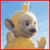 Pixelated cartoon monkey with light brown fur, dark brown ears, and a black nose, set against a light blue sky background with a red border.