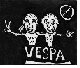Animated sequence of two cartoon figures with spiky hair against black background, displaying changing poses and text labels including "VESPA," "MO," "RØV," "SKUBBER," and "KOBES!".