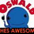 Pixelated blue character with three black eyes and a smile, red text above, orange text below on black bar.