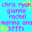 Pixelated text and yellow square symbols on a bright cyan background, with repeated names and phrases in pink and purple lettering.