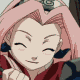 A pink-haired anime character with green eyes displays multiple facial expressions in a of nine , wearing a red and dark blue outfit