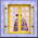 Animated sequence showing a devil figure with red wings and black body against white background, alternating with window scenes featuring yellow frames and purple curtains.