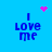Blue background with four identical 'I Love me' text blocks arranged in a , each accompanied by a pink pixelated heart or starburst above it