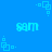 Blue background with repeating light blue pixelated text 'sam' and small square dot patterns scattered across the image.