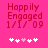 Pink background with red text 'Happily Engaged 1/1/09' and five white heart icons, one pink heart icon in the center.