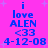 Pixelated blue text on bright pink background with white starbursts, displaying 'i love ALEN <33 4-12-08' in two identical vertical