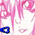 Pixelated anime-style face with pink hair and blue heart-shaped icon, transitioning to a celebrity with gray hair and purple heart-shaped icon, then to a pink heart with text.