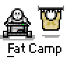 Pixel art contact sheet showing four animated frames of a fat cartoon character and yellow sack, with "Fat Camp" text below each frame on gray background.
