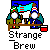Pixel art of two figures at a table with a blue background, featuring text 'Strange Brew' below.