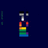A pixelated figure with a rainbow-colored lower body and dark upper body against a solid blue background.